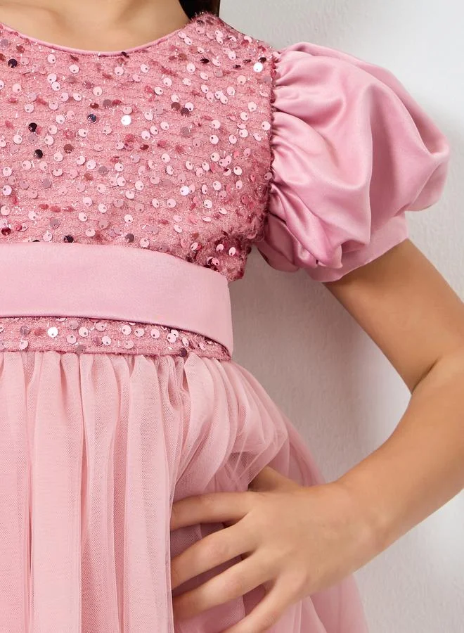 Take Two  Girls Pink Sequin Puff Sleeve Ruffles Hem Dress for Women | Best Price UAE
